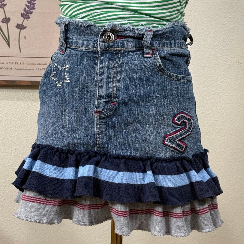 Vintage 90s Y2k Denim Tiered Ruffle Embellished Mini Skirt Preppy Trashy XS
